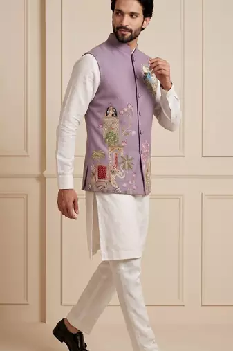Men embroidered designer kurta trouser and waistcoat set