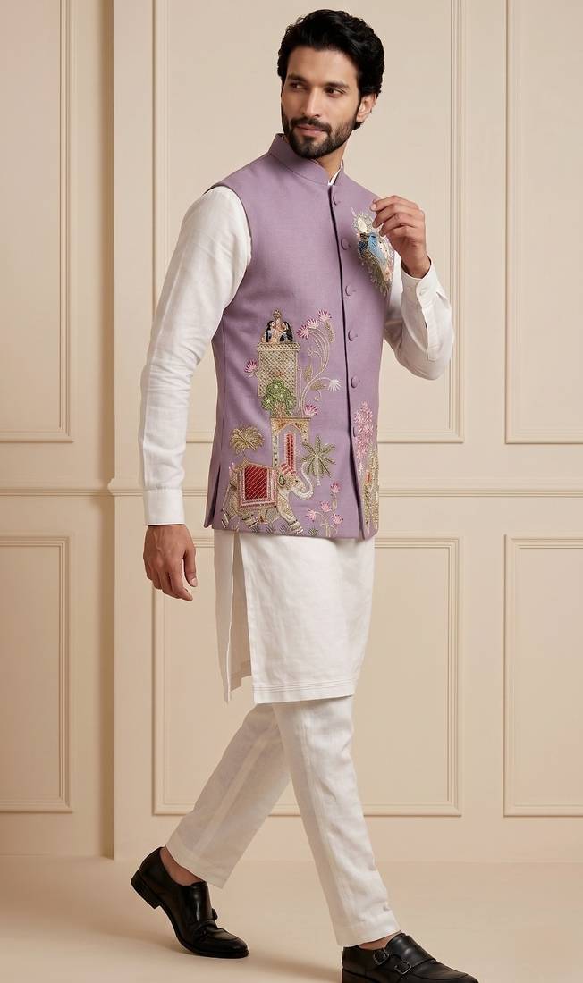 Men embroidered designer kurta trouser and waistcoat set