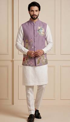 Men embroidered designer kurta trouser and waistcoat set 5