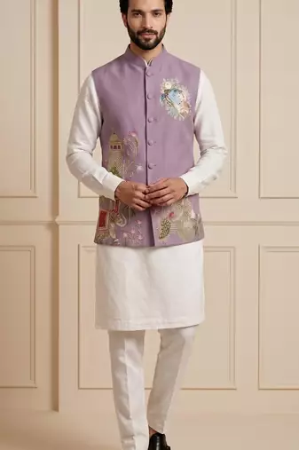 Men embroidered designer kurta trouser and waistcoat set