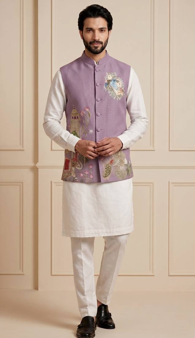 Men embroidered designer kurta trouser and waistcoat set