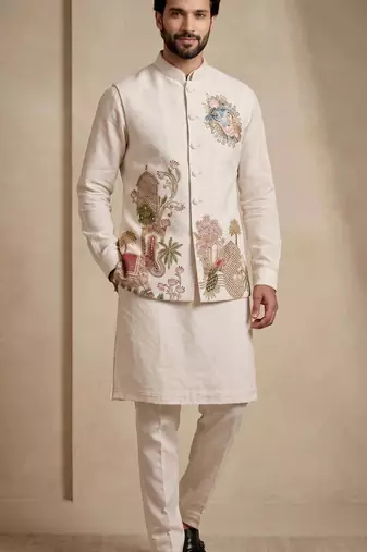 Men embroidered designer kurta trouser and waistcoat set