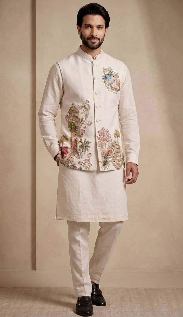 Men embroidered designer kurta trouser and waistcoat set
