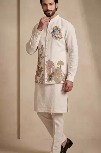 Men embroidered designer kurta trouser and waistcoat set