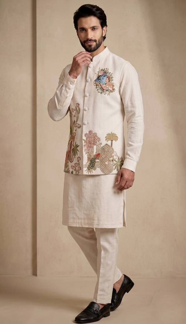 Men embroidered designer kurta trouser and waistcoat set