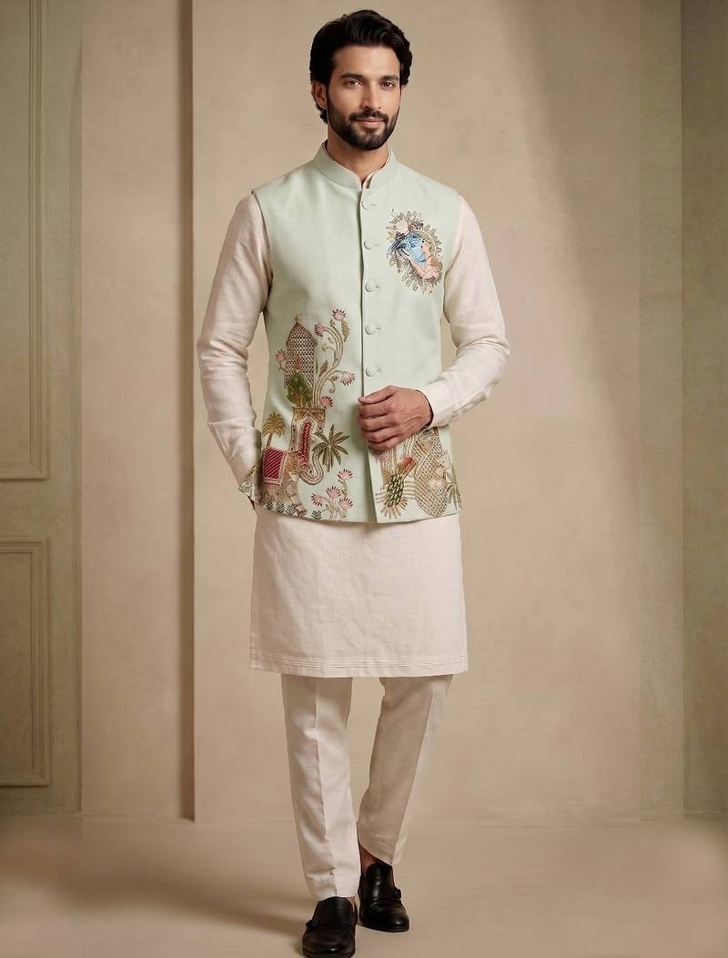 Men embroidered designer kurta trouser and waistcoat set