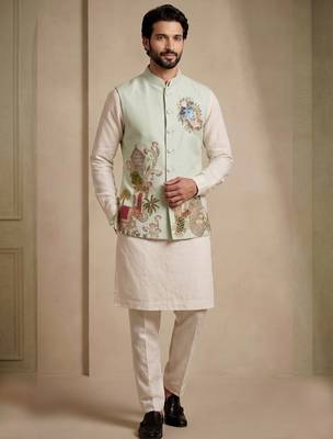 Men embroidered designer kurta trouser and waistcoat set 3