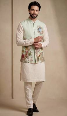 Men embroidered designer kurta trouser and waistcoat set 4