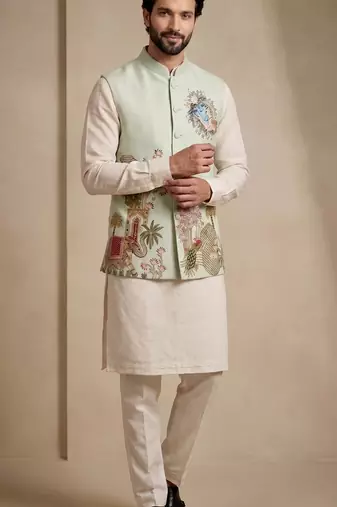Men embroidered designer kurta trouser and waistcoat set