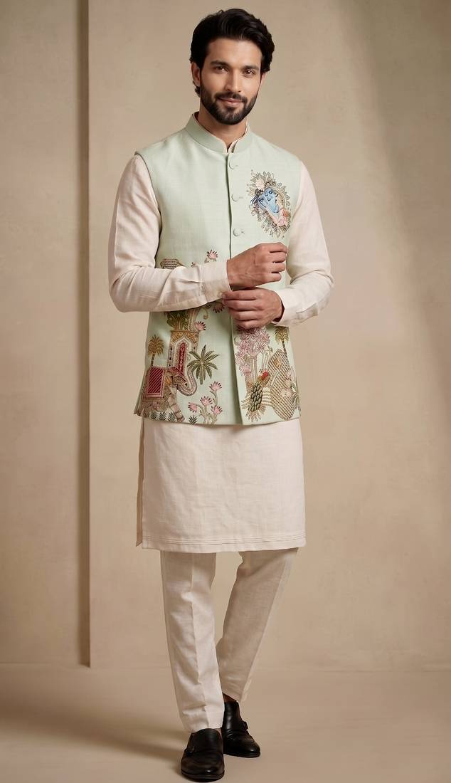 Men embroidered designer kurta trouser and waistcoat set