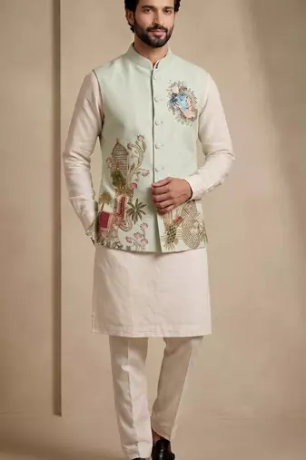 Men embroidered designer kurta trouser and waistcoat set