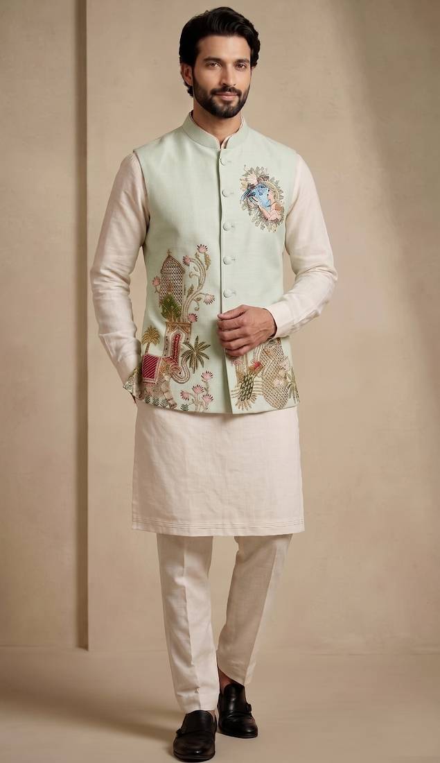 Men embroidered designer kurta trouser and waistcoat set