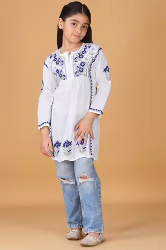 Girls white & blue pure cotton floral embroidered chikankari kurta