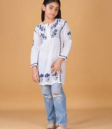 Girls white & blue pure cotton floral embroidered chikankari kurta