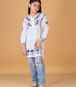Girls white & blue pure cotton floral embroidered chikankari kurta