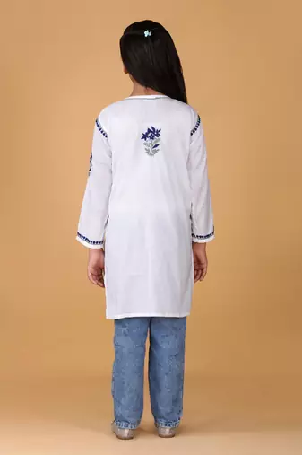 Girls white & blue pure cotton floral embroidered chikankari kurta