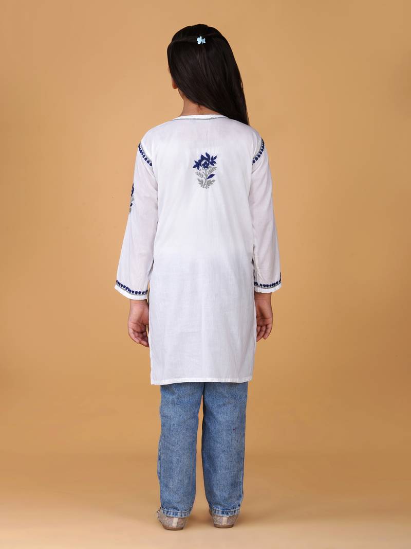 Girls white & blue pure cotton floral embroidered chikankari kurta