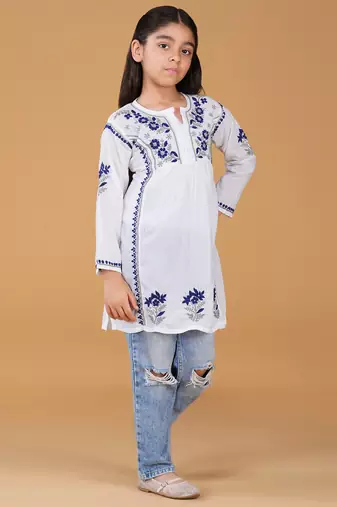 Girls white & blue pure cotton floral embroidered chikankari kurta
