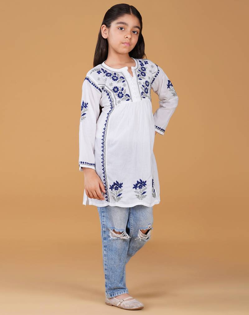 Girls white & blue pure cotton floral embroidered chikankari kurta