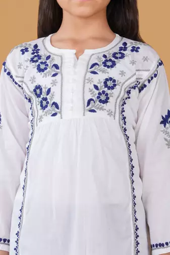 Girls white & blue pure cotton floral embroidered chikankari kurta