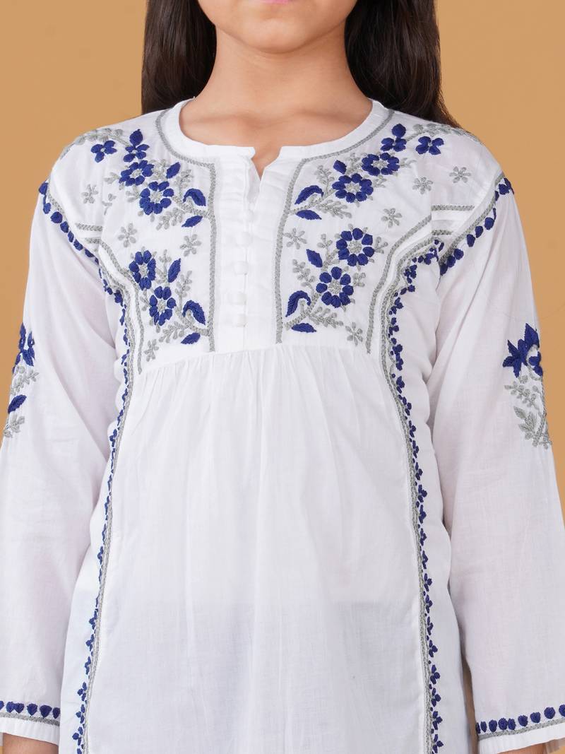Girls white & blue pure cotton floral embroidered chikankari kurta