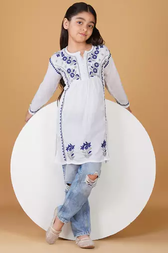 Girls white & blue pure cotton floral embroidered chikankari kurta