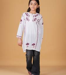 Girls white & maroon pure cotton floral embroidered chikankari kurta