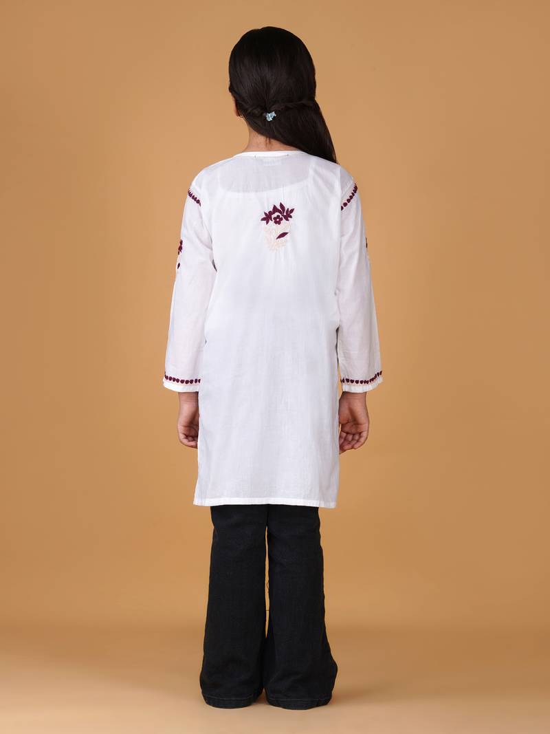 Girls white & maroon pure cotton floral embroidered chikankari kurta