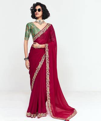 Red designer fancy embroidered party wear saree with art silk blend blouse 1