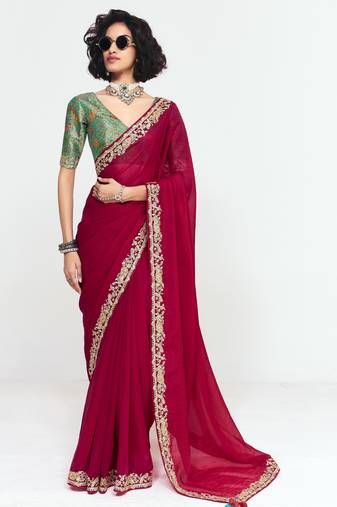 Red designer fancy embroidered party wear saree with art silk blend blouse