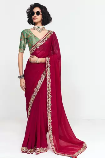 Red designer fancy embroidered party wear saree with art silk blend blouse