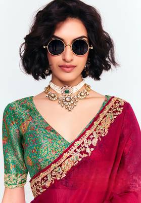 Red designer fancy embroidered party wear saree with art silk blend blouse 2