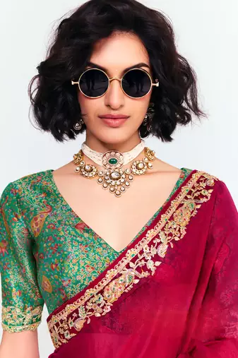 Red designer fancy embroidered party wear saree with art silk blend blouse