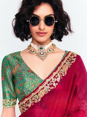 Red designer fancy embroidered party wear saree with art silk blend blouse 4