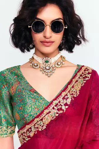 Red designer fancy embroidered party wear saree with art silk blend blouse