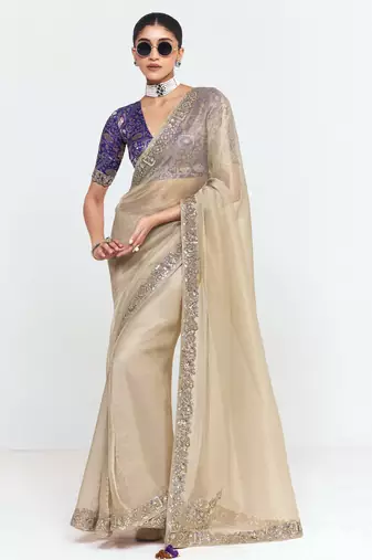 Beige designer fancy embroidered party wear saree with art silk blend blouse