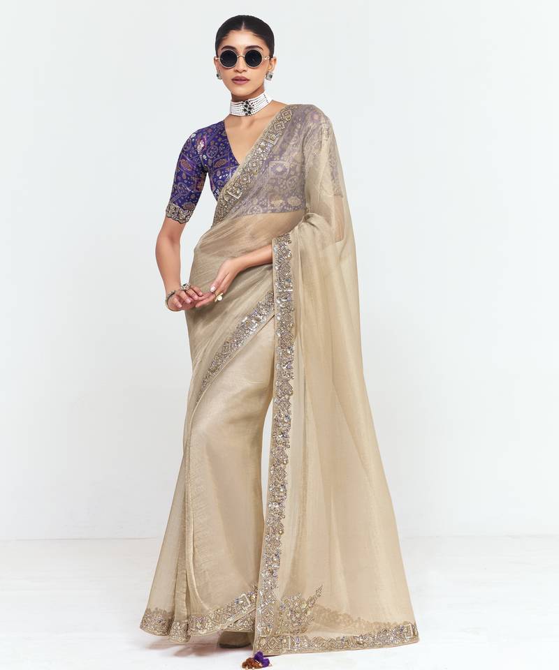 Beige designer fancy embroidered party wear saree with art silk blend blouse
