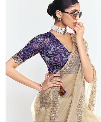 Beige designer fancy embroidered party wear saree with art silk blend blouse 2