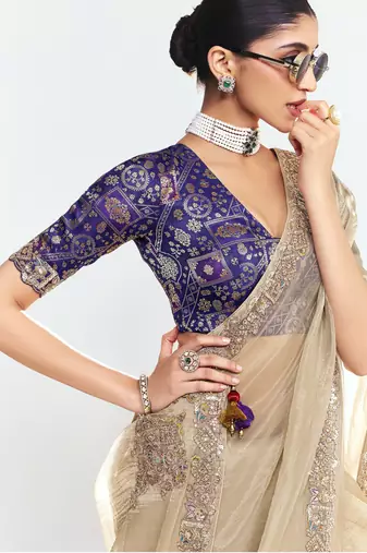Beige designer fancy embroidered party wear saree with art silk blend blouse