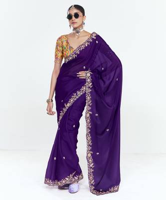 Purple designer fancy embroidered party wear saree with art silk blend blouse 1