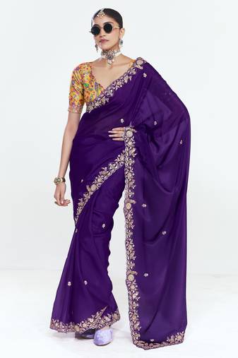 Purple designer fancy embroidered party wear saree with art silk blend blouse