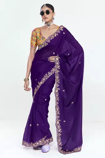 Purple designer fancy embroidered party wear saree with art silk blend blouse
