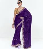 Purple designer fancy embroidered party wear saree with art silk blend blouse