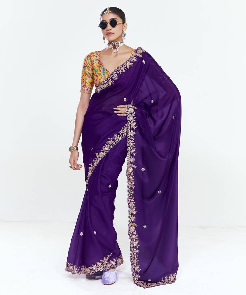 Purple designer fancy embroidered party wear saree with art silk blend blouse