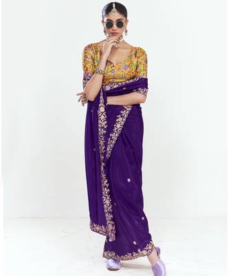Purple designer fancy embroidered party wear saree with art silk blend blouse 2