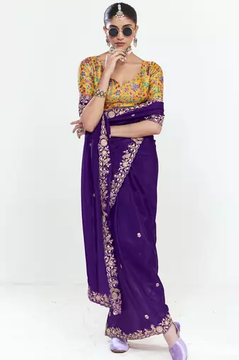 Purple designer fancy embroidered party wear saree with art silk blend blouse