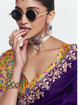 Purple designer fancy embroidered party wear saree with art silk blend blouse 3