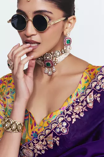 Purple designer fancy embroidered party wear saree with art silk blend blouse