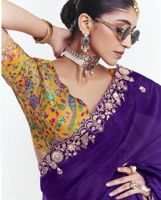 Purple designer fancy embroidered party wear saree with art silk blend blouse 4