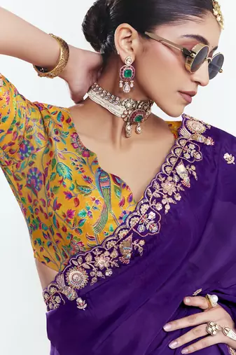 Purple designer fancy embroidered party wear saree with art silk blend blouse